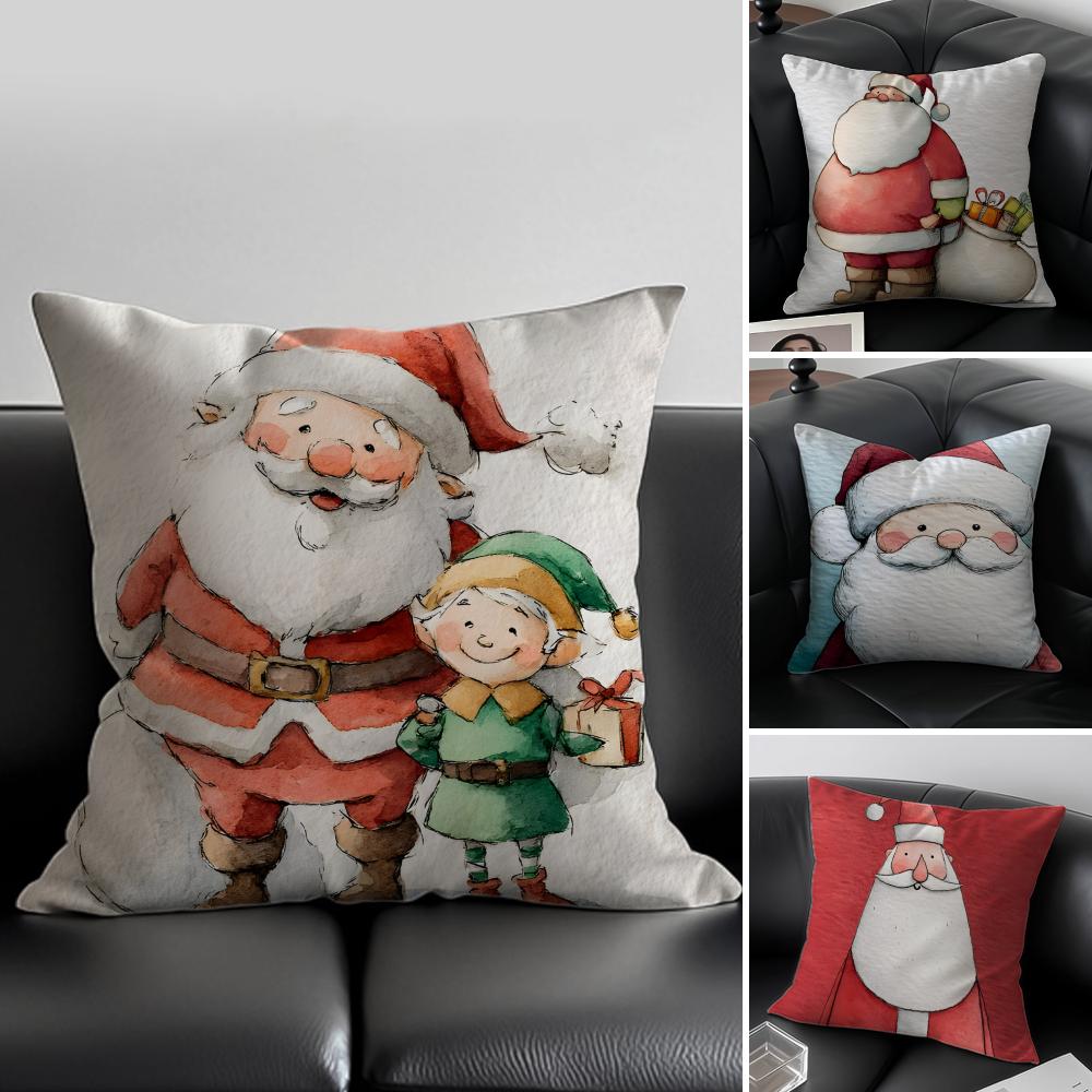 SSanta Claus illustration Cushion Cover Pillow Case Antidustmite Invisible zipper silky plush cushion
