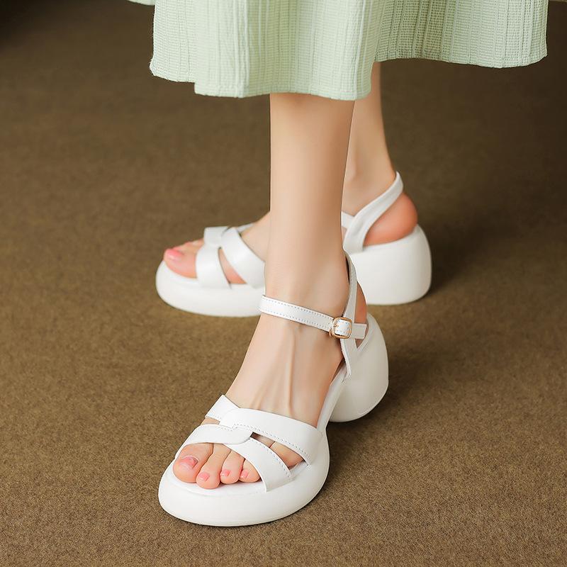 Босоножки женские из мягкой кожи на высоком каблуке, новинка лета 2025 года, простые летние женские туфли на платформе с открытым носком