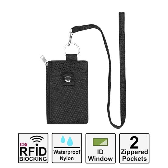 Neck Hanging Card Holder with Lanyard, Transparent ID Sleeve & RFID Blocking Wallet