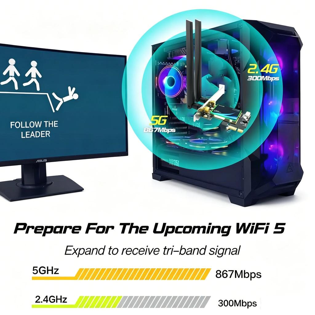 KEBIDUMEI WiFi 5 AC1200 PCI-E Wireless Adapter BT4.1 Dual Band 2.4G/5GHz 802.11AC Network Card Desktop PC For Windows 7/10/11