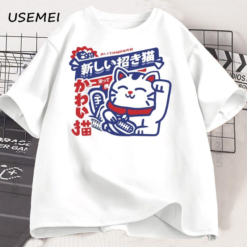 Каваи Аниме Футболка с Принтом Кота Японский Стиль Хлопковая Футболка Мягкая Дышащая Круглый Вырез Короткий Рукав Футболка Унисекс Уличная Одежда