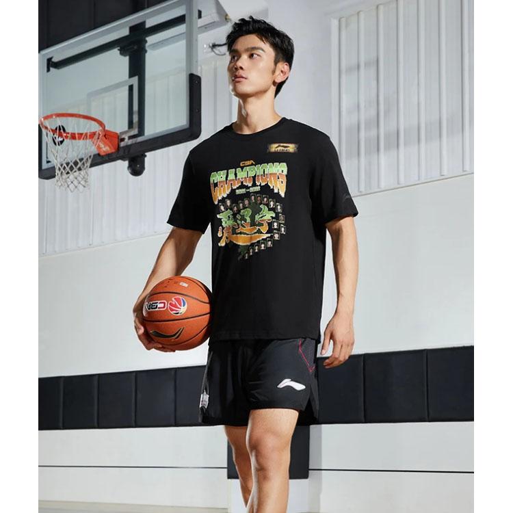 Li-Ning Мужская памятная футболка с короткими рукавами чемпионата CBA, черная ATSSC39-1