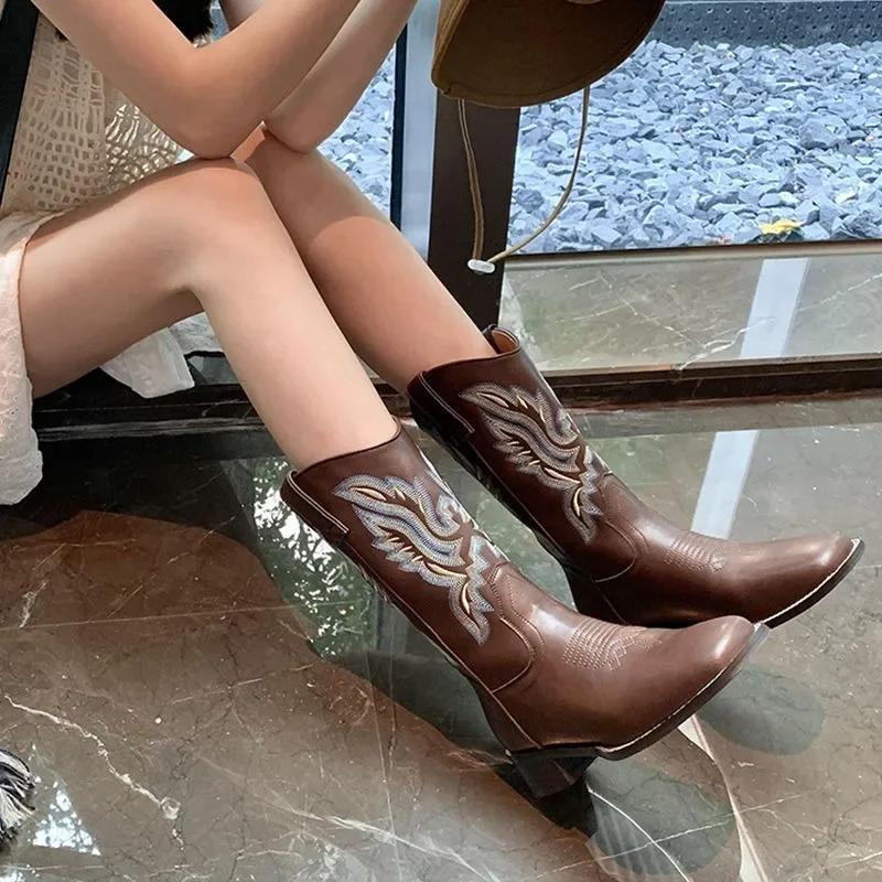 Winter Vintage Brown Women Boots Cowboy Boots Women 2025 Embroidered Square Toe Brown Long Boots Chunky Mid Calf Women Shoes