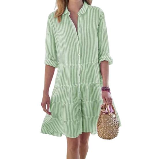 Женское полосатое платье-рубашка на пуговицах, повседневное, свободное, с длинным рукавом, многоярусное, расклешенное, туника, летнее, пляжное, сарафан