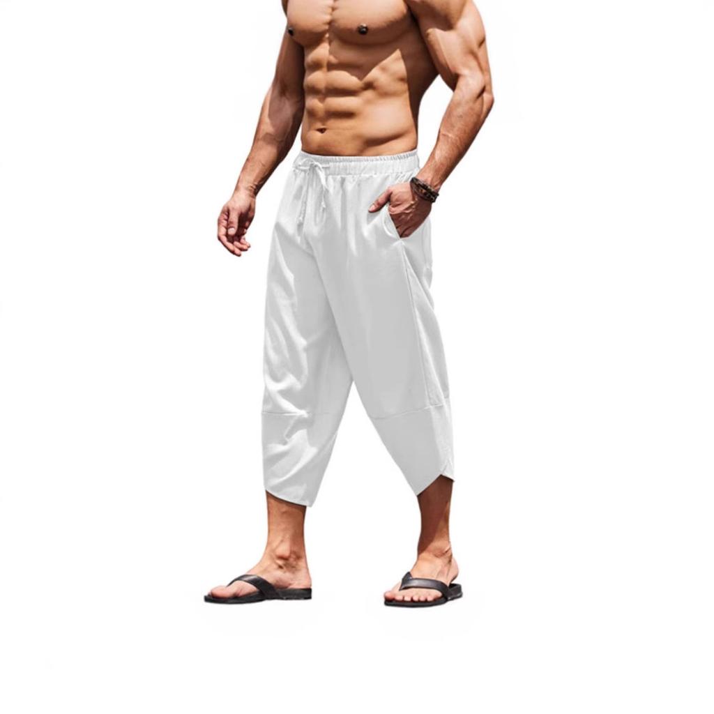 Мужские летние однотонные брюки-капри, шорты-шаровары, мужские укороченные брюки с эластичным поясом и шнурком, мешковатые спортивные штаны длиной 3/4