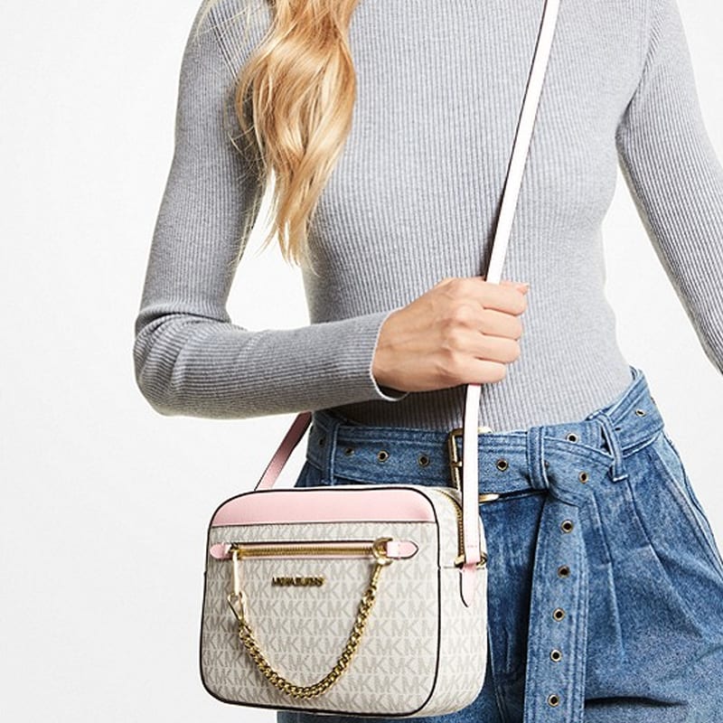 MICHAEL KORS Jet Set PVC Leather Camera Bag, Crossbody Bag Large Women's Pink White Multicolor 35S1GTTC9B-PWD-BLSH-MLT