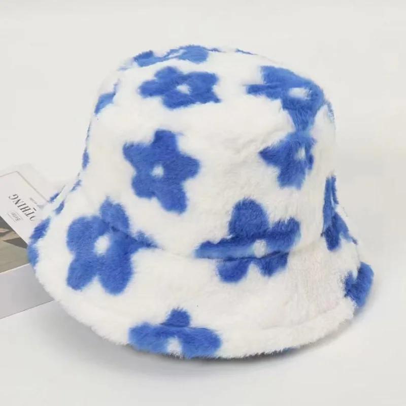 Плюшевые милые ведерные шапки для отдыха с мелким цветочным принтом, женские осенне-зимние теплые шапки-рыбаки со звездами, плотные шапки-бини из искусственного меха, шапки-черепа