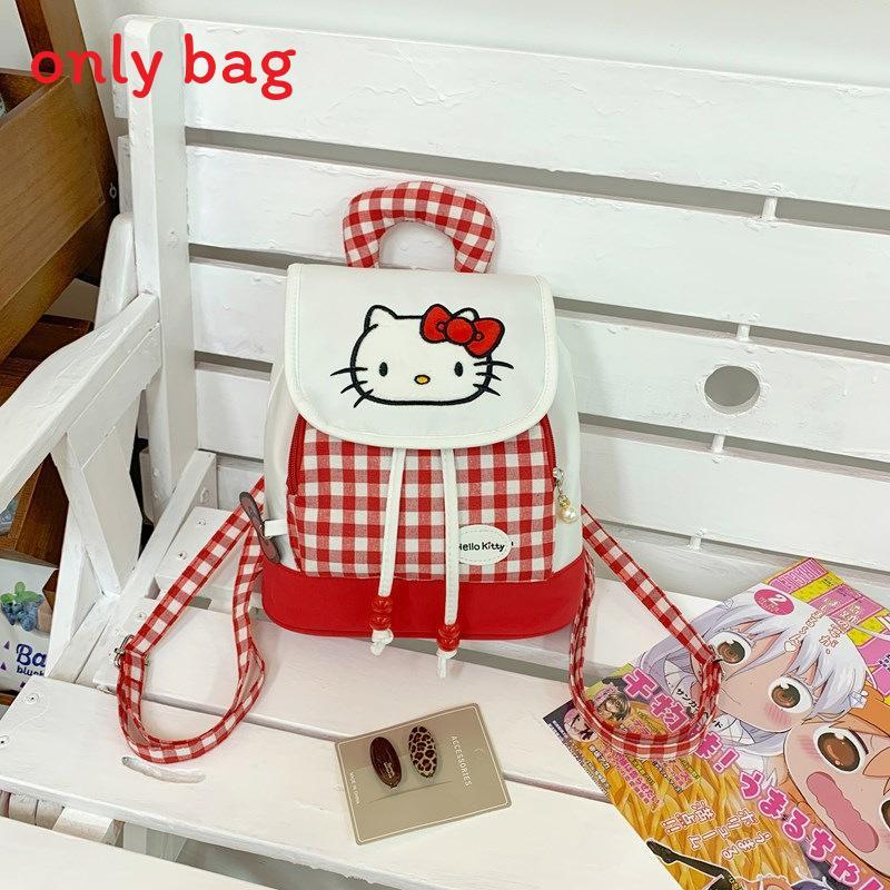 Cute Hello Kitty And Plaid Pattern Girl Canvas Backpack For Daily Use