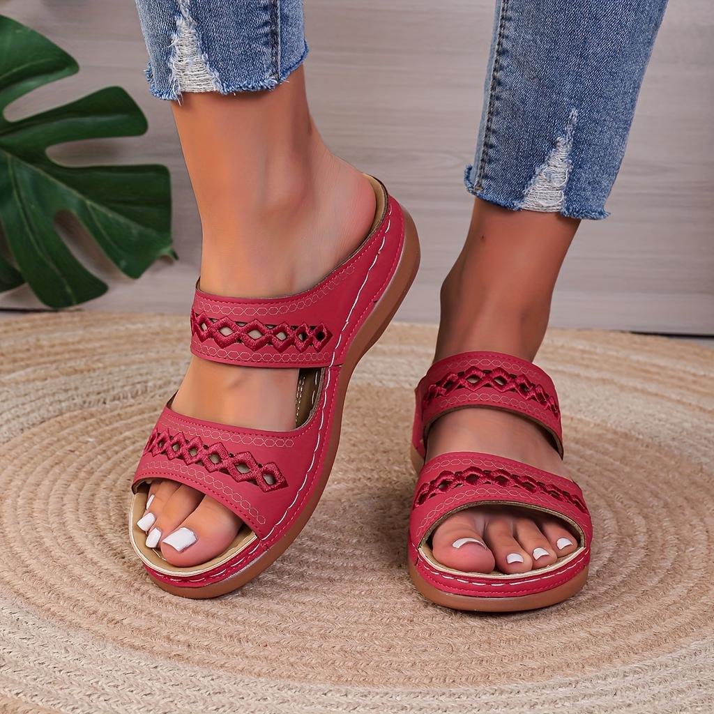 Women's Solid Color Sandals, Slip On Open Toe Double Bands Non-slip Soft Wedge Slides Shoes, Summer Comfy Shoes