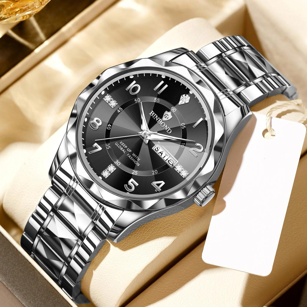 BINBOND Luxury Men Quartz Watch Waterproof Date Week Luminous Wristwatch Stainless Steel Men's Watches Male Clock