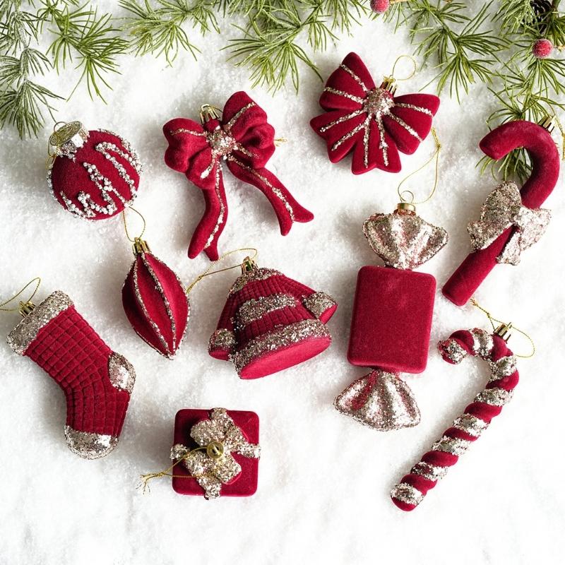 Wine Red Christmas Decorations with Soft-Looking Textured Finish, Gold Trim, and Hanging String for Holiday Tree and Porches