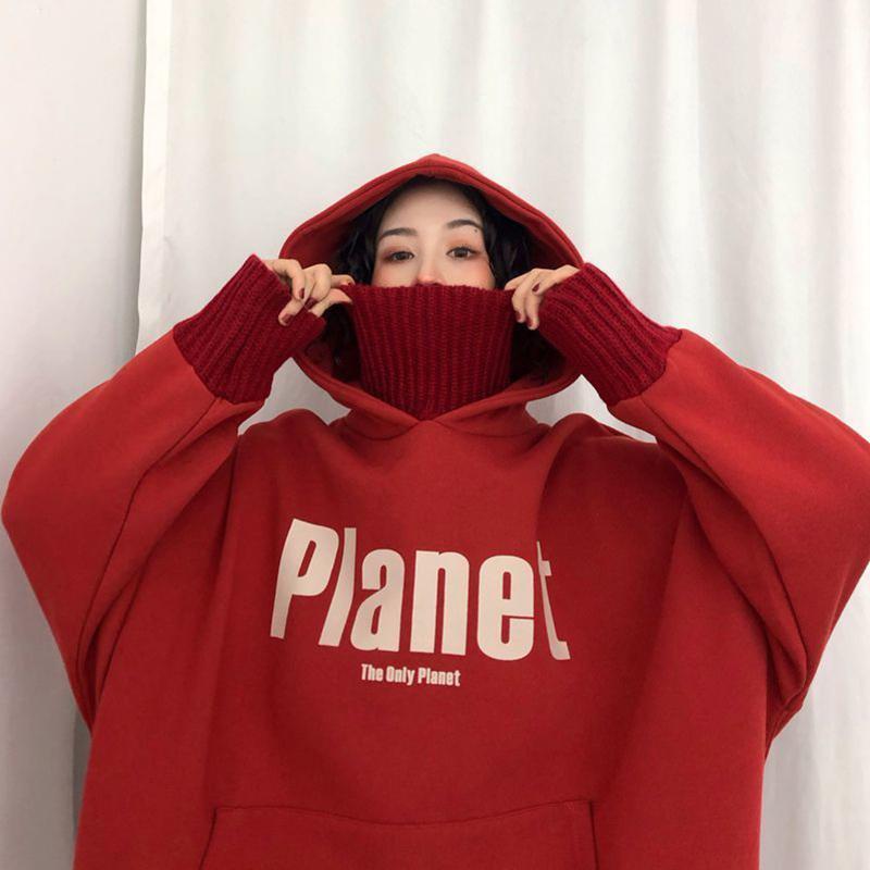 Свитер больших размеров, женский осенне-зимний свободный ложный двухсекционный утолщенный свитшот с капюшоном и высоким воротником, удобный пуловер с баской, топы