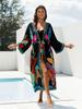 EDOLYNSA 2024 Women Bikini Kimono Cardigans Black Print Long Bathing Suit Cover Ups for Swimwear Plus Size Loungewear with Self Belt Outfits Q1512