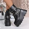 Fashion Platform Short Thigh Boots Women's Fashion Round Toe Studded Metal Buckle Front Lace-Up Heel Single Boots