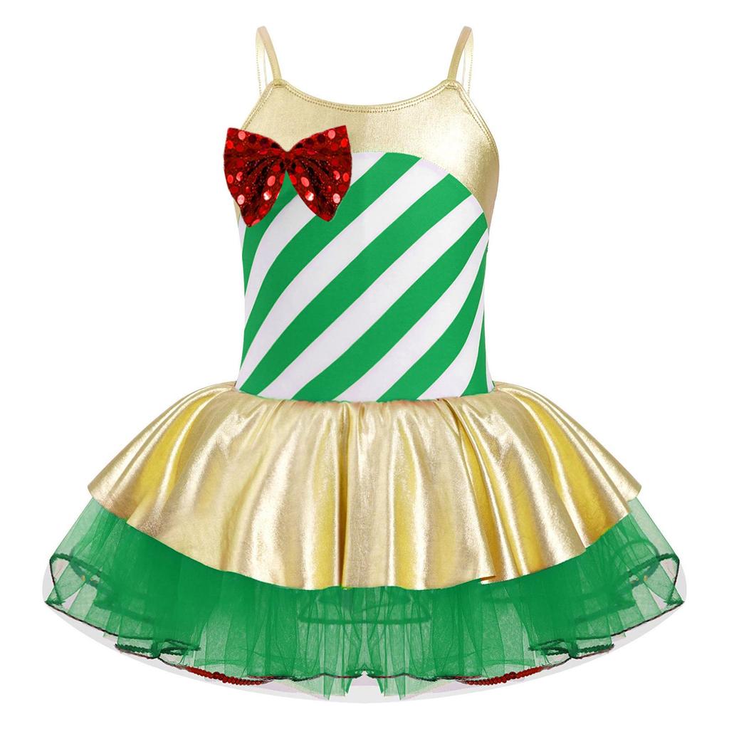 Girls Adjustable Straps Cami Dress Stripes Print Sequins Bowknot Mesh Tutu Dress Dance Jumpsuit Costume
