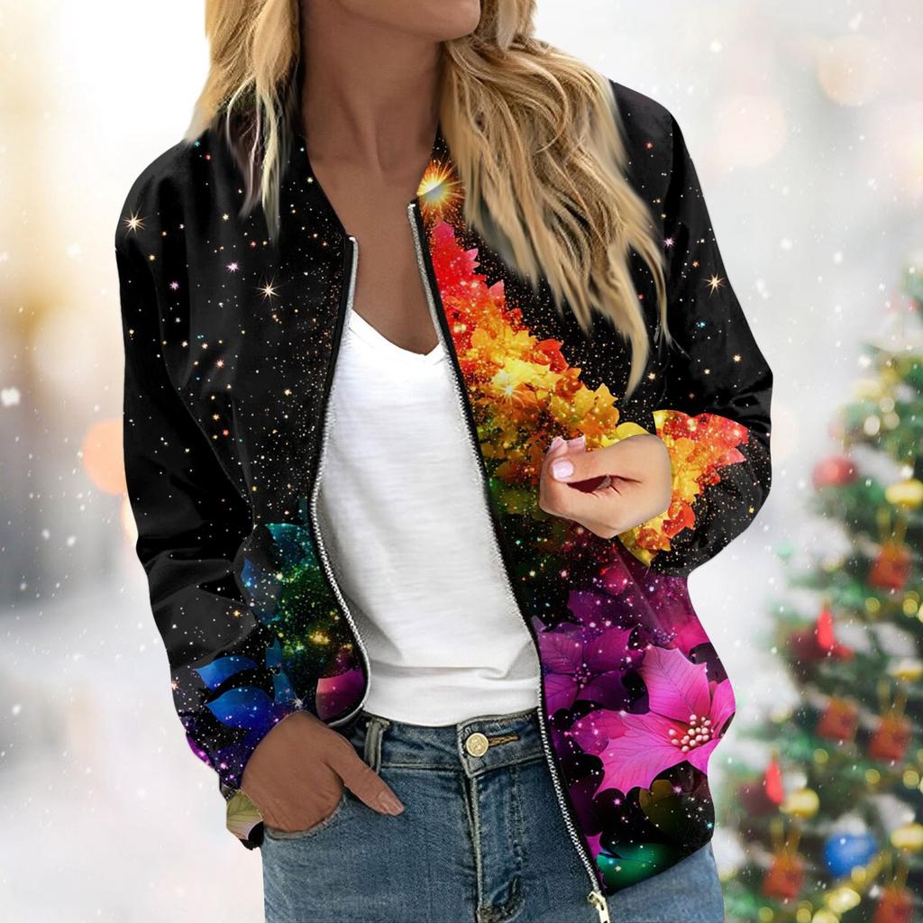 Женская легкая короткая куртка с длинными рукавами на молнии с принтом, повседневная стеганая куртка с карманами, рождественская