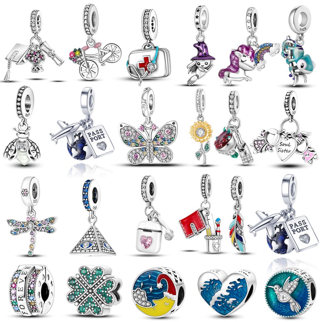 Fit Bracelet Inlaid Zircon Beads Charms 925 Sterling Silver Heart -Shape Colorful Dangle Pendants Bangle Jewelry