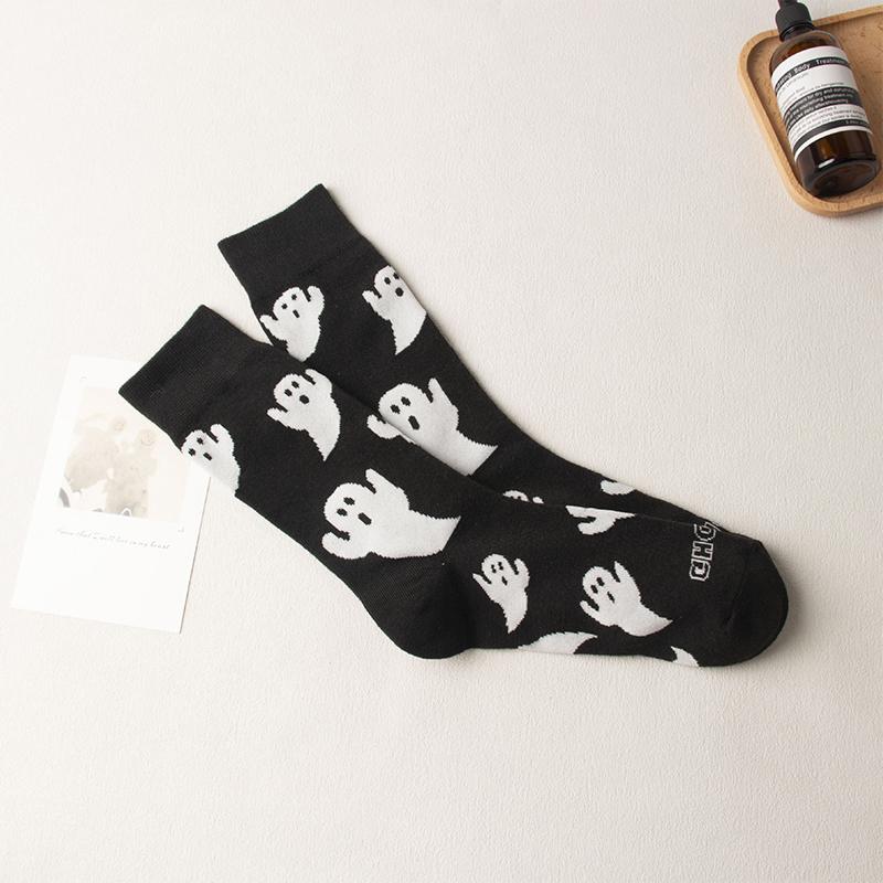 1Pair Halloween Middle Tube Socks Cute Cartoon Ghost Socks Unisex Autumn Winter Warm Socks Couple Gifts