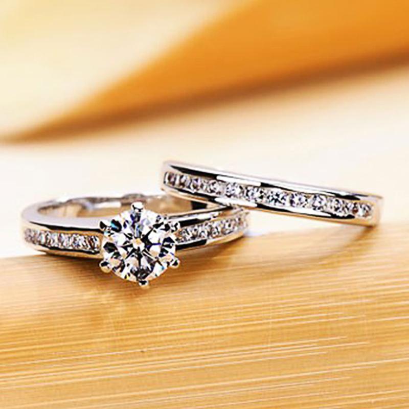 Новый простой дизайн, обручальные кольца, женские кольца, инкрустированные круглым цирконием, высококачественный серебряный цвет, обручальный комплект из 2 предметов, ювелирные изделия