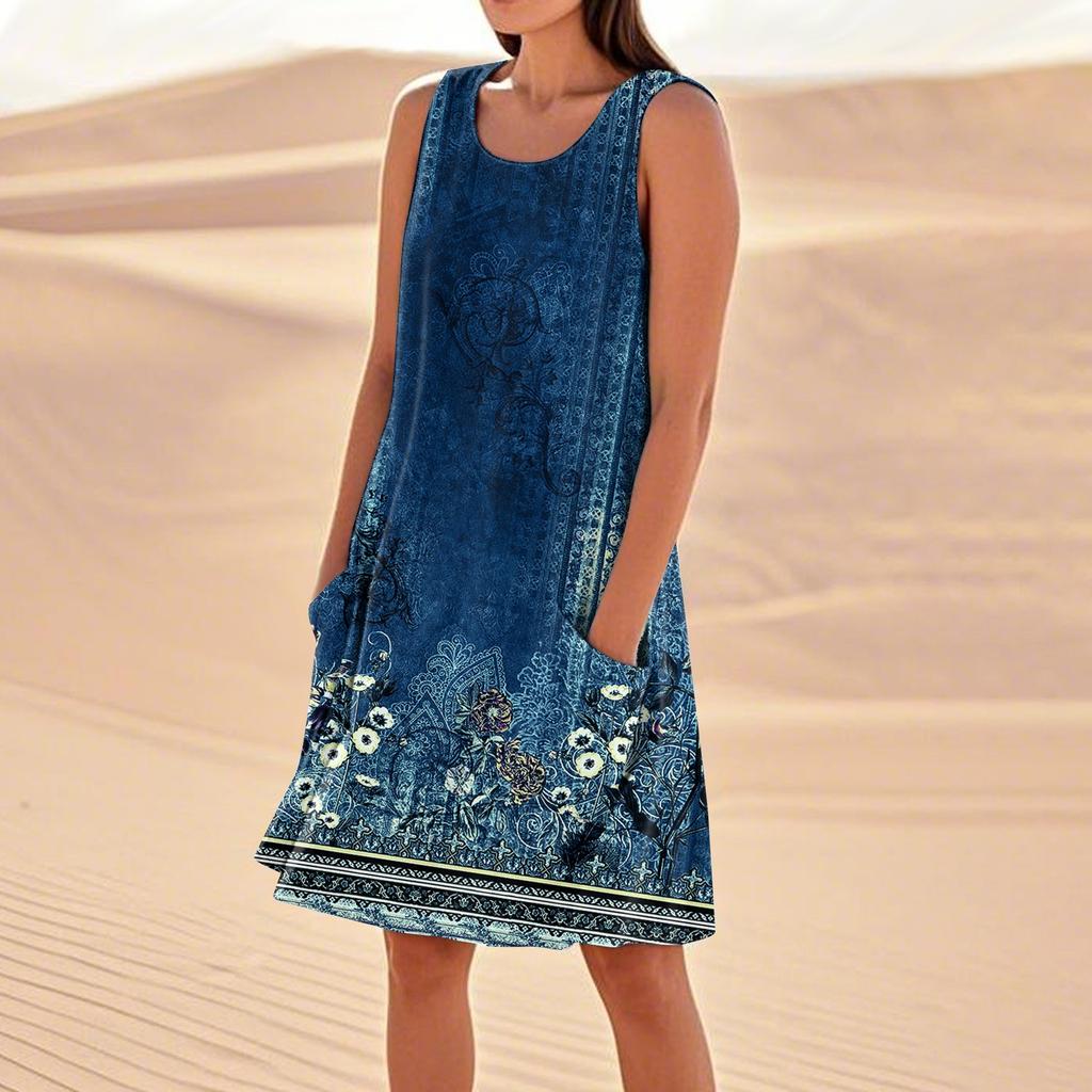 Летние платья для женщин, свободные пляжные повседневные сарафаны без рукавов с карманами, платье-майка