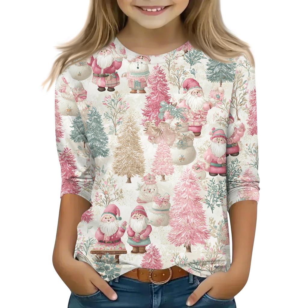 Рождественские топы с принтом для девочек-подростков 5-16 лет, футболки с круглым вырезом и рукавами 3/4, модные топы, нарядные футболки