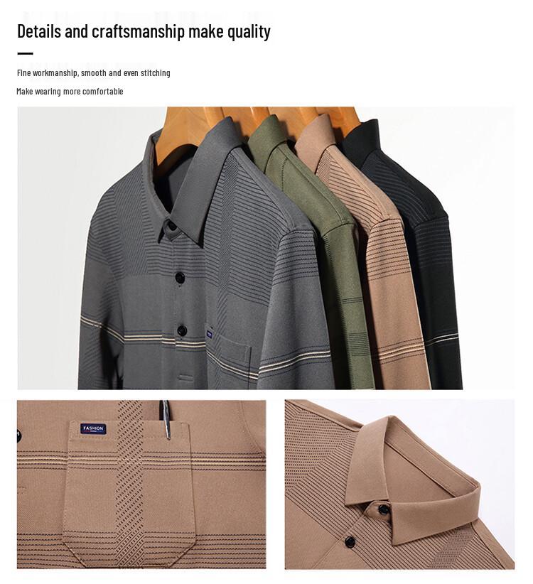 Мужское поло из хлопка в полоску на осень - С длинным рукавом, отложным воротником, дышащее, повседневная деловая рубашка