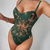 European & American Fashion Sexy Women's Embroidered Floral Push-Up Spaghetti Strap Bodysuit