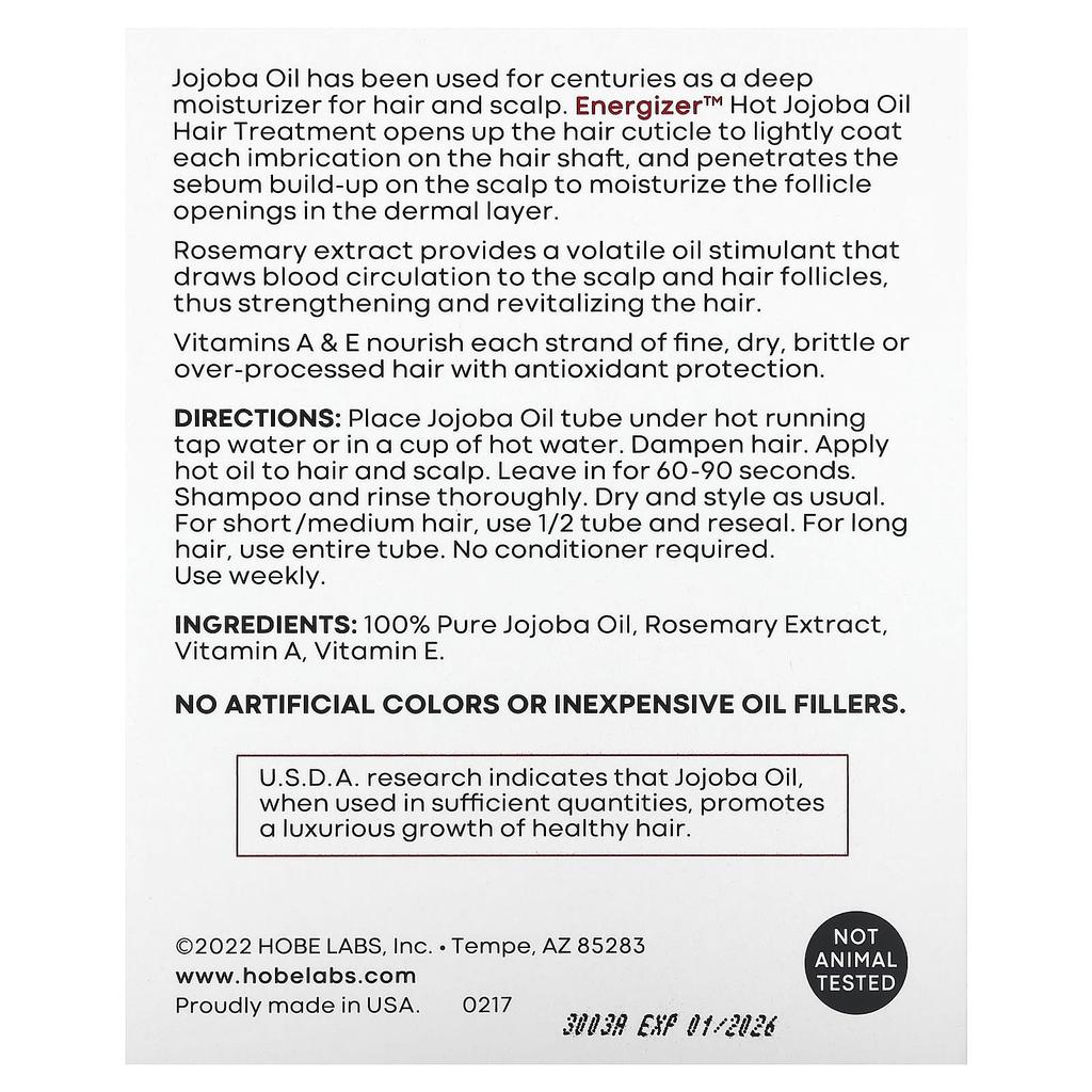 Energizer, Hot Jojoba Oil Hair Treatment, 3 Reclosable Tubes, 14.8 Ml (0.5 Fl Oz) Each