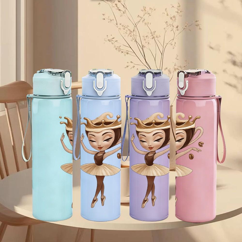 1PC Ballerina Doll Illustration 750ml Color Plastic Sports Water Bottle Leakproof Flip Straw Lid Suitable for Sports Office Home Use