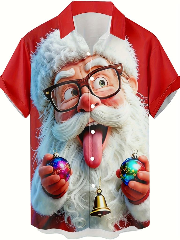 Santa Claus Print Casual Short Sleeve Collared Shirt