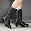 Women Mid-calf Boots Wedge-heeled Soft Leather Mother Shoes Winter Velvet Snow Women Boots Side Zipper Thick Heeled Punk Boots