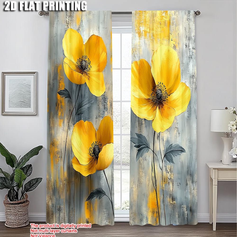 2pcs, Curtains 2D print Retro Floral Flower Fabric (without rod) Home Decor Ldeal for Living Room, Bedroom & Home
