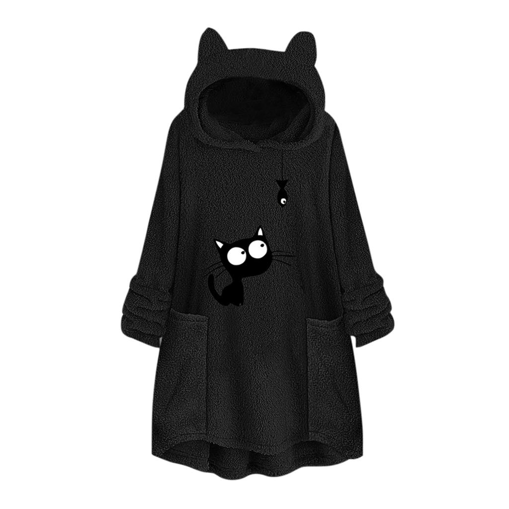 Women Fleece Embroidery Cat Ear Plus Size Hoodie Pocket Top Sweater Blouse