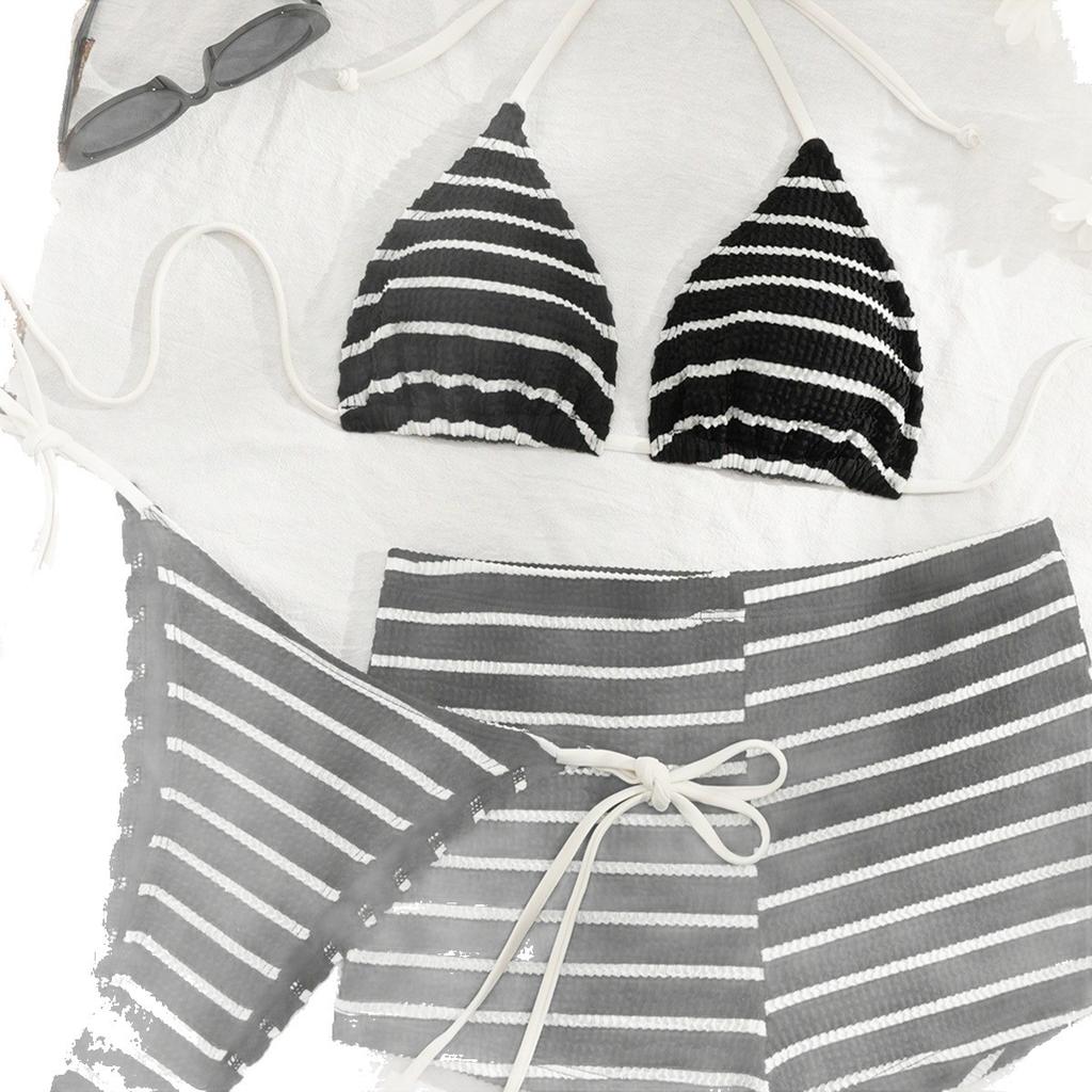 1011 new black and white striped boxer shorts European and American sexy bikini three-piece set