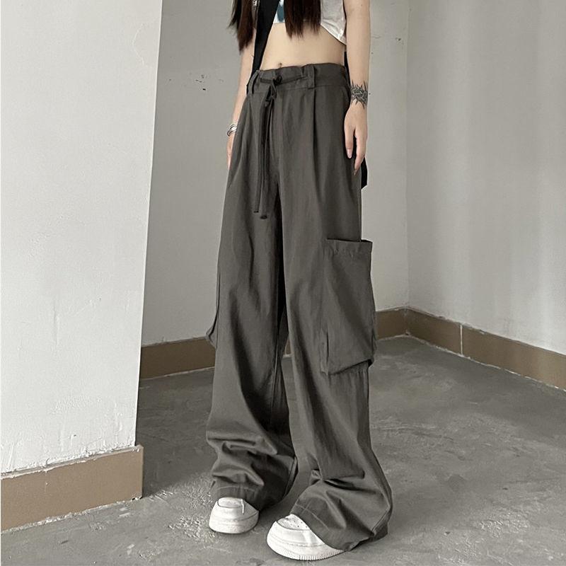 WTEMPO Women's Straight Cargo Pants High Waist American Streetwear Vintage Pants Chic Design Casual Ladies Wide Leg Cargo Trousers