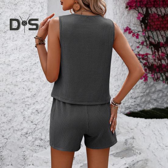 Женский полосатый комплект из двух частей: майка без рукавов и шорты с эластичным поясом и карманами, повседневный спортивный костюм для отдыха на пляже, уличная одежда