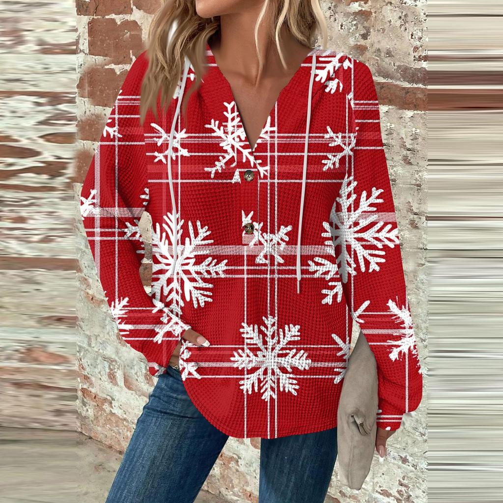 Женский повседневный топ с длинными рукавами, пуговицами, V-образным вырезом, рождественским принтом, завязками и капюшоном