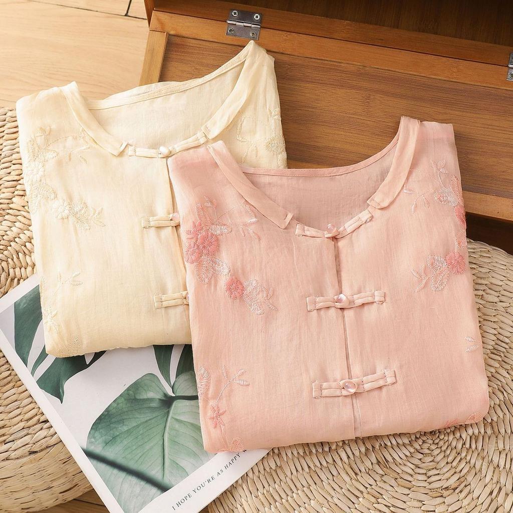 Ретро рубашка на пуговицах из хлопка и льна женская летняя новая темпераментная вышитая хлопково-льняная блузка со средним рукавом одежда для чаепития рубашка