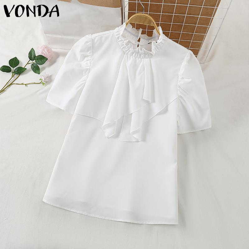 VONDA Женские летние однотонные блузки с воротником-стойкой и коротким рукавом с оборками