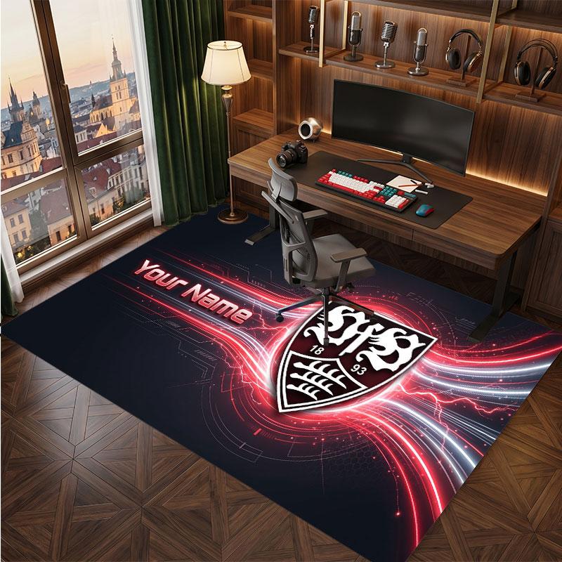 VfB Stuttgart FC Custom Crystal Velvet Rug, Personalized Name Text Print, Football Logo Soft Non‑Slip Floor Mat Home Decor Gift