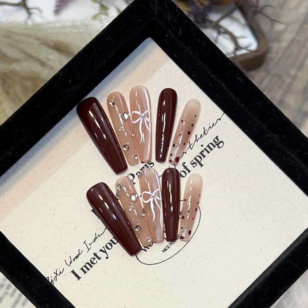 Длинный стиль Носимая броня Чисто ручная работа Кошачий глаз Бант Нейл-арт Осень и Зима Горошек Битый бриллиант Накладной ноготь Съемный