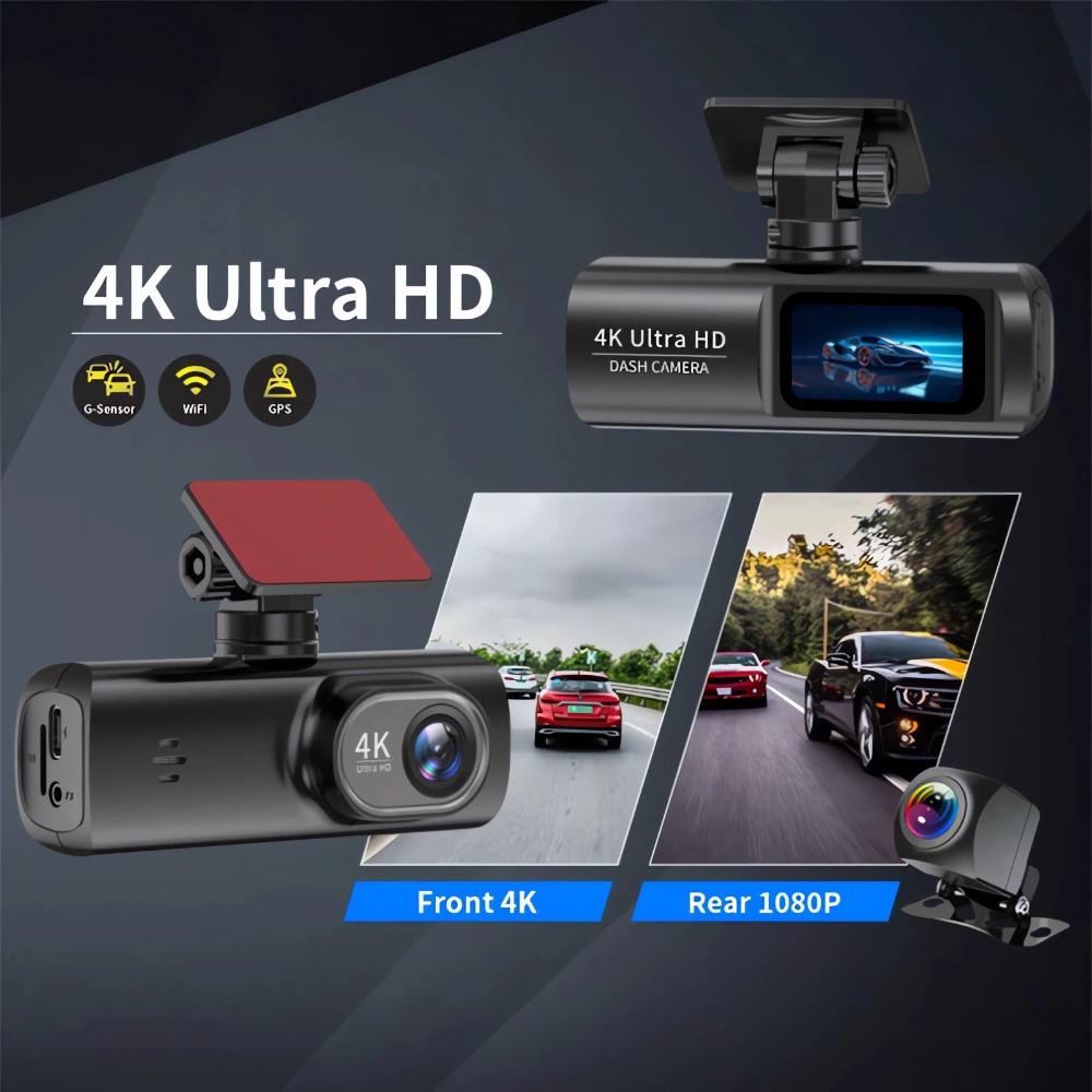 4K Ultra HD Dual Lens Auto Dash Recorder, Super Wide Angle Night Vision, Front Rear Recording with WiFi & Built-in GPS Module