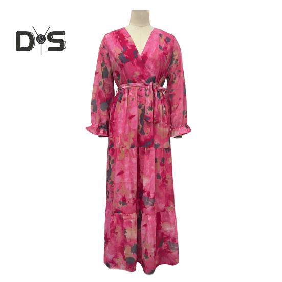 Женское вечернее платье в стиле пэчворк с V-образным вырезом на шнуровке на талии в богемном стиле с рукавами-фонариками плиссированное шифоновое платье макси с красочным принтом трапециевидной формы с большим подолом