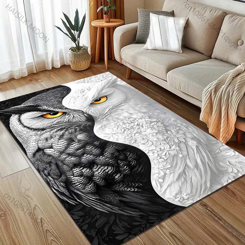 Black and White Owl Art Print Carpet for Bedroom Living Room Bedside Sofa Floor Mat Modern Home Decor Area Rug Machine Wash