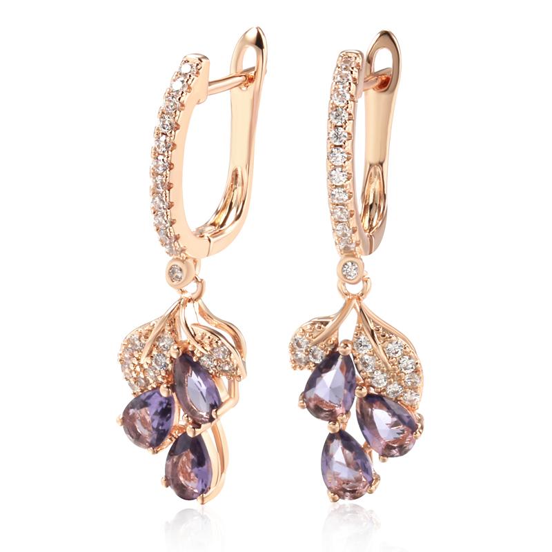 Full Zircon Purple Drop Pendant Earrings for Women Gold Color Ethnic Wedding Jewelry Matching Accessories