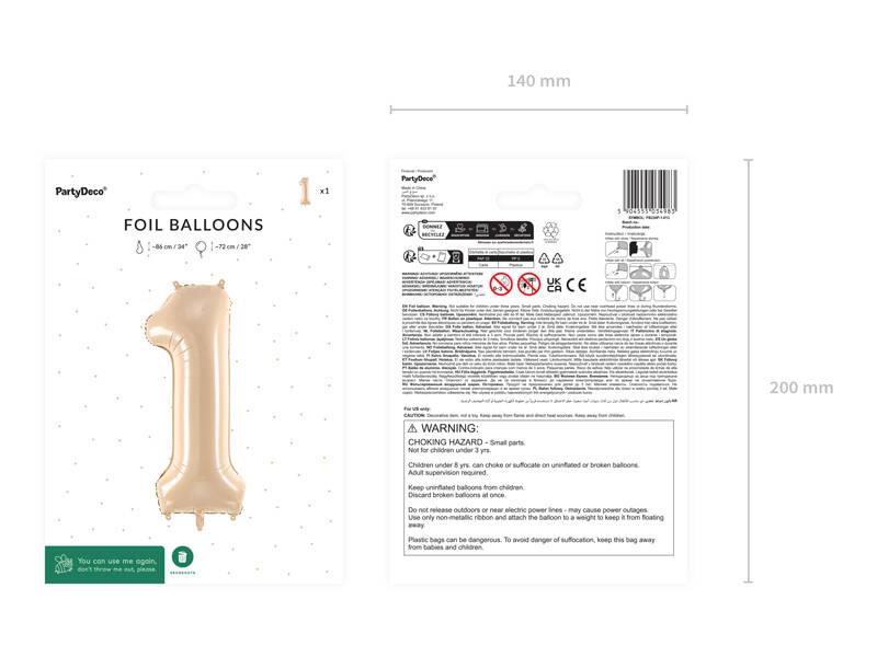 Balon Foliowy Cyfra 1, 72Cm, Beżowa, Kremowa