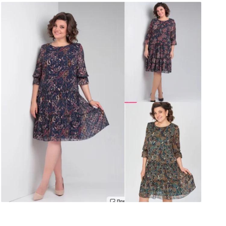 2025 Spring/Summer European & American Women's Plus Size Chiffon Printed Dress with Seven-Sleeve Design