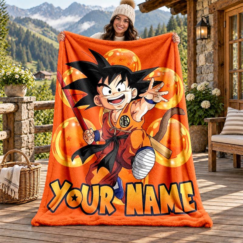 Dragon Ball Custom Name Flannel Blanket Personalized Soft Warm Plush Throw Blanket Customized Gift for Family Friends