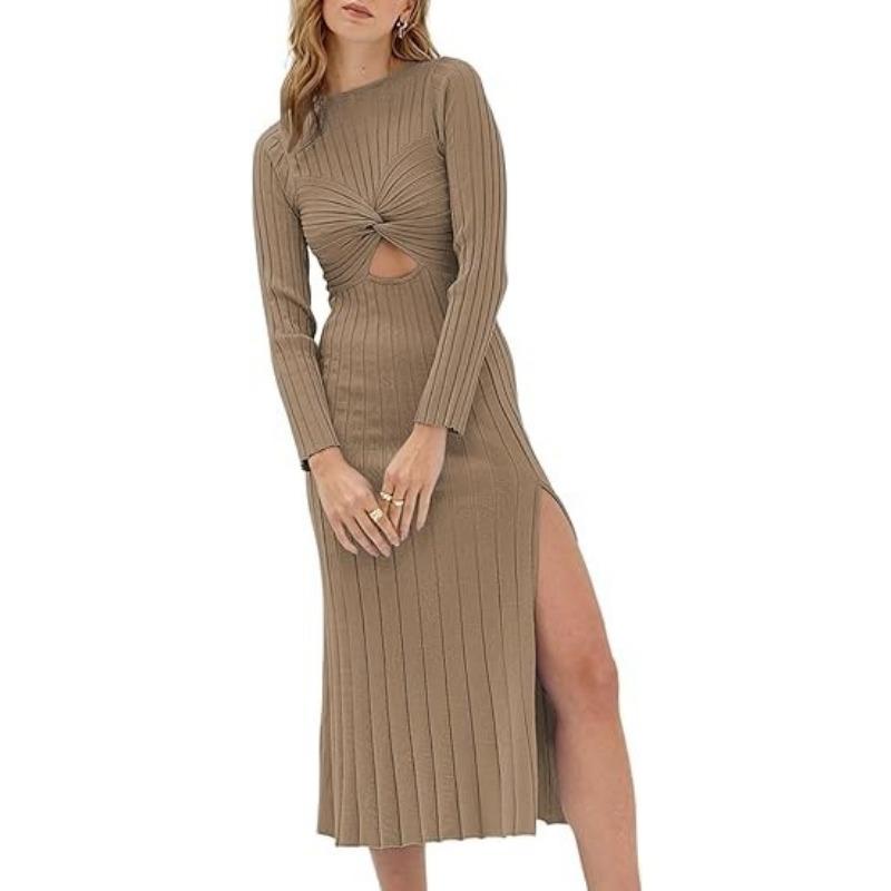 Осенне-зимнее женское платье-свитер с полым круглым вырезом, однотонные открытые трикотажные платья с длинными рукавами