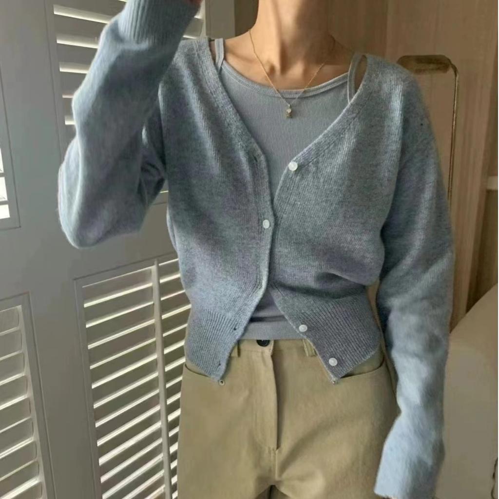 Корейский шикарный трикотажный низ рубашки женский элегантный новый короткий кардиган свитер верхняя одежда милый V-образный вырез длинный рукав топы 2024 осень